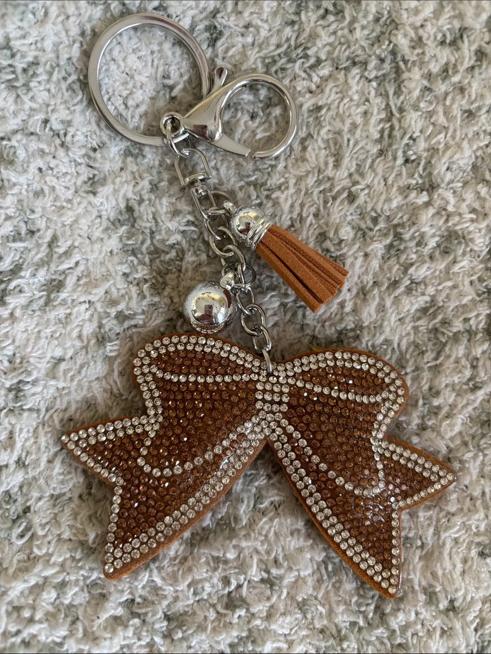 Western Rhinestone Bow Keychain with Tassel - Brown NWT 6”
